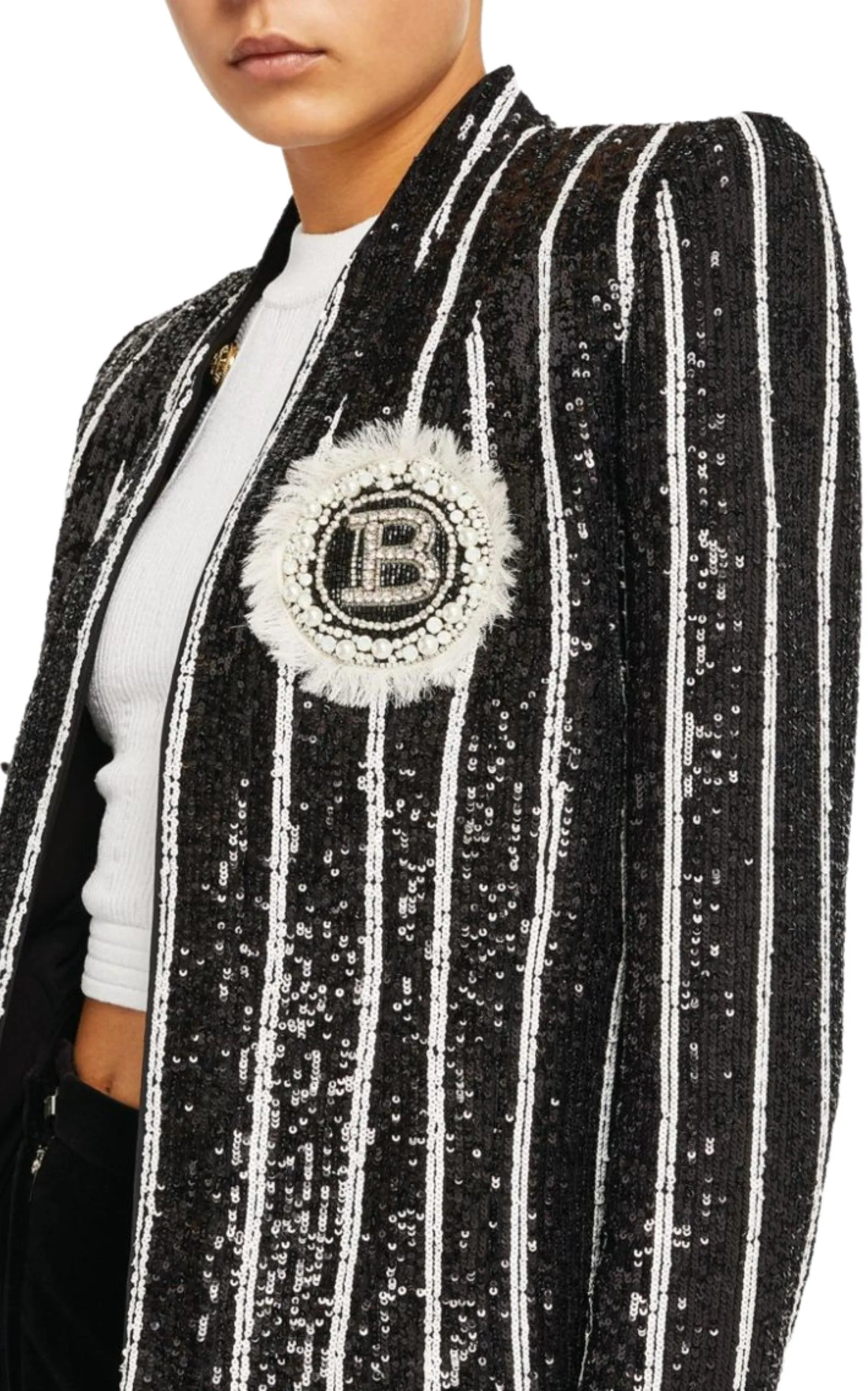 Sequinned Black White Striped Spencer Jacket